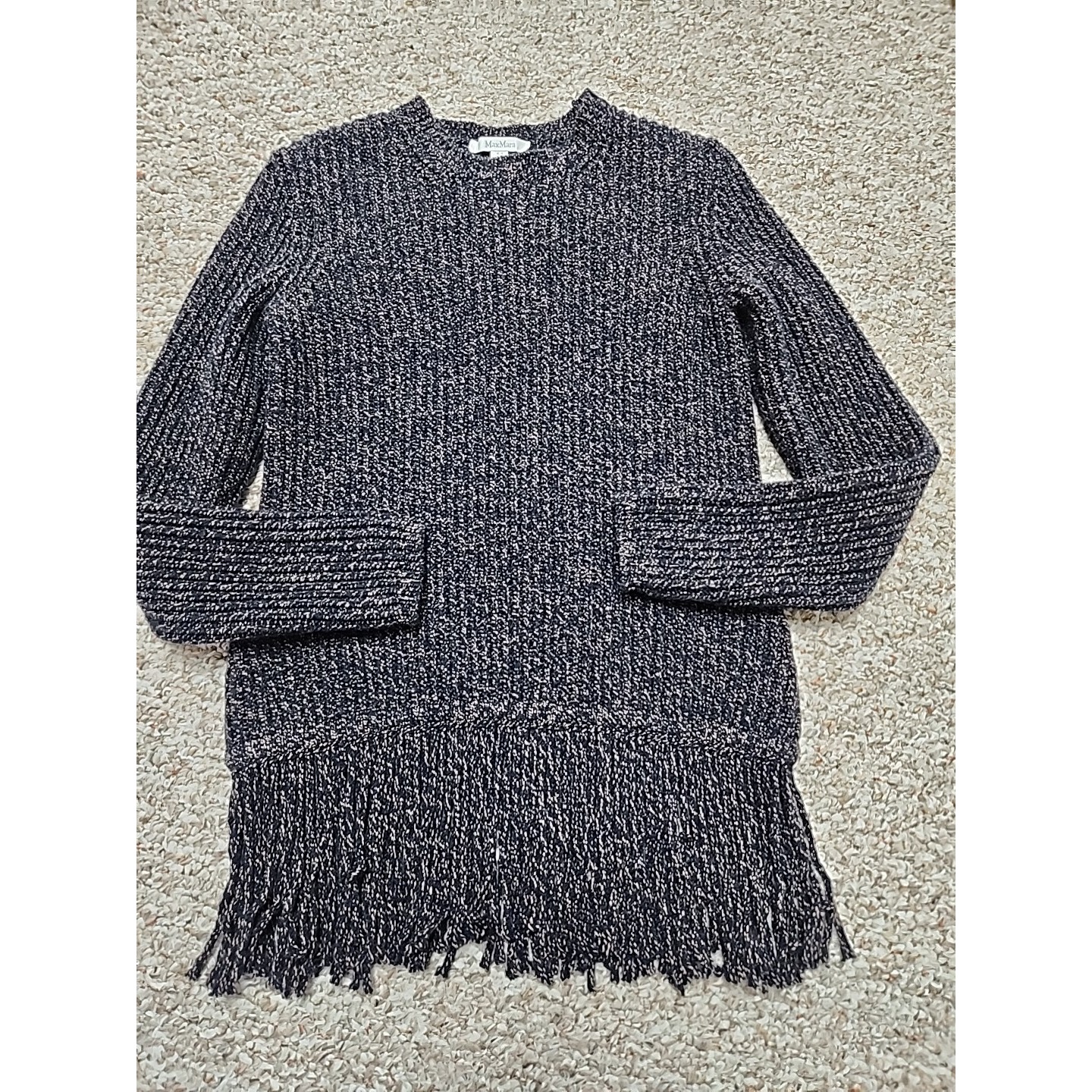 Max Mara Fringed Knit Top Navy Beige Speckled Ribbed Fringe Romania